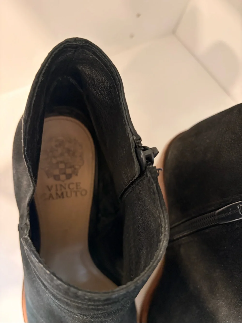 Vince Camuto Black Suede Peep-Toe Stacked Heel Booties